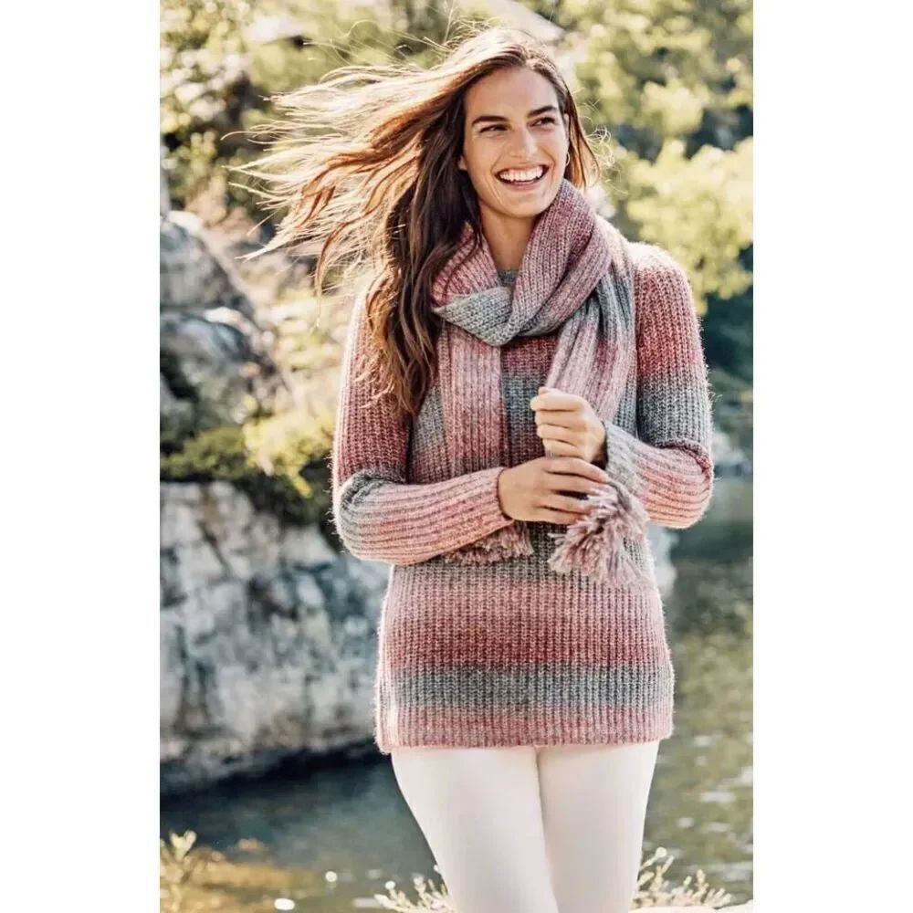 J.Jill Cozy Ombré Stripes Textured Sweater Pink Gray Medium